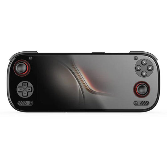 Black handheld game console with 6-inch screen and dual thumbsticks, buttons on right.