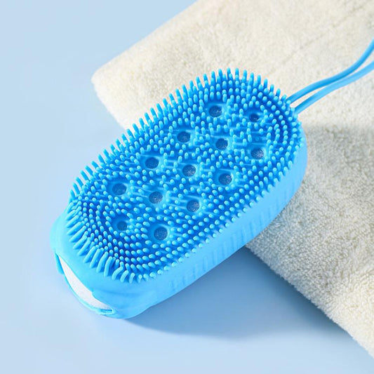Dual-Sided Silicone Body Scrubber with Built-in Wood Pulp Sponge Soft Shower Bath Brush