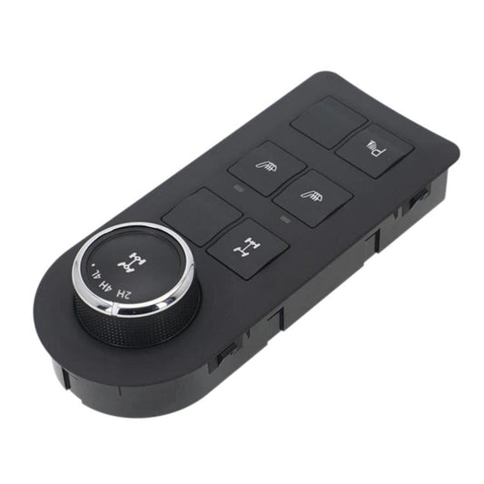 Black transfer case mode control module with round selector dial and six push buttons