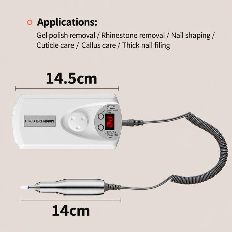 Electric nail drill with power base and metal e-file handpiece with size guides