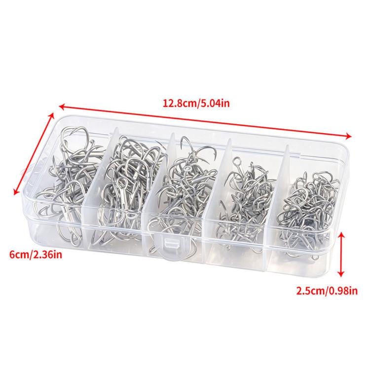 Matte tin treble fishing hook kit with storage box dimensions and barbed hooks