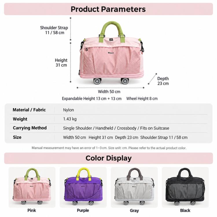 Pink nylon rolling duffel bag product size and color display with wheels and strap