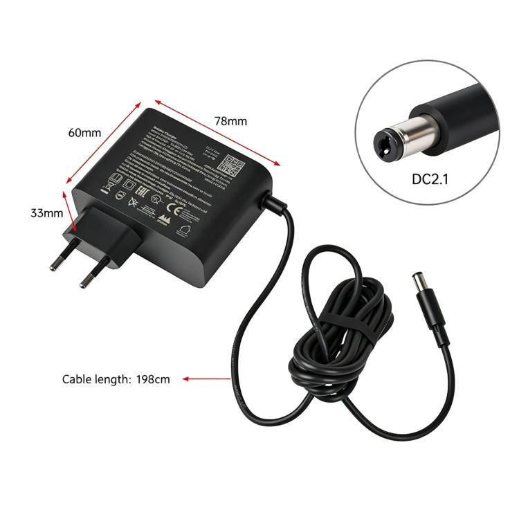 Black charger with DC2.1 barrel plug and long power cable size diagram