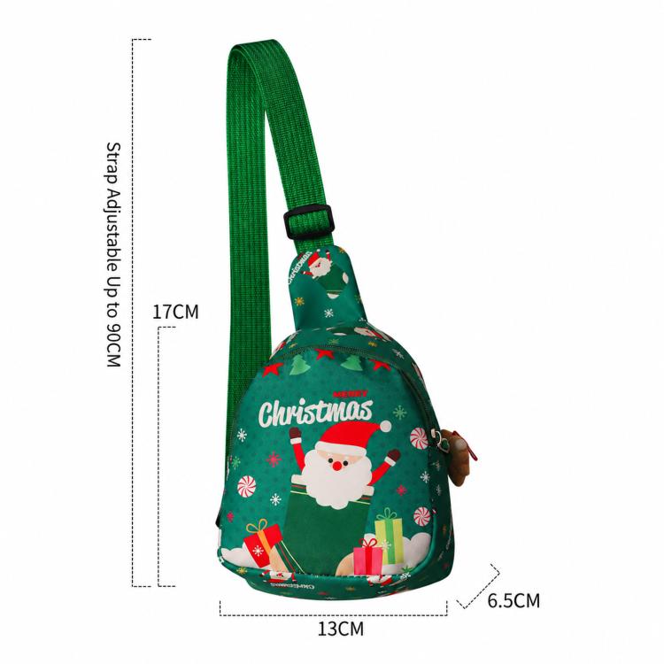 Green kids Christmas mini crossbody sling bag size diagram with adjustable strap