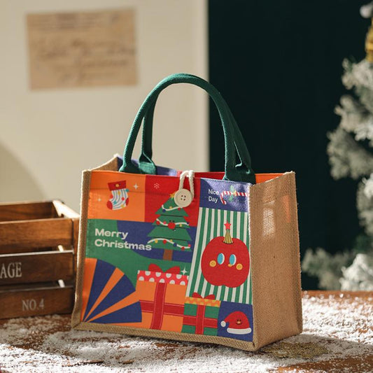 Christmas Jute Tote Bag Reusable Burlap Holiday Gift Bag With Button Closure, Large Red, Small Red, Large Green, Small Green