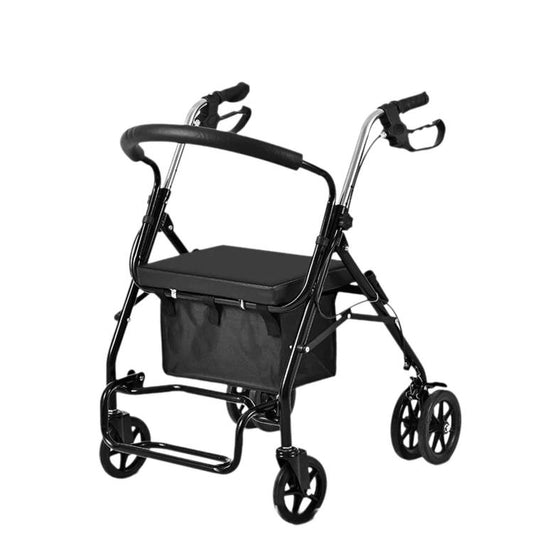 Black folding rollator walker with seat pad and fabric shopping bag, wire lower frame