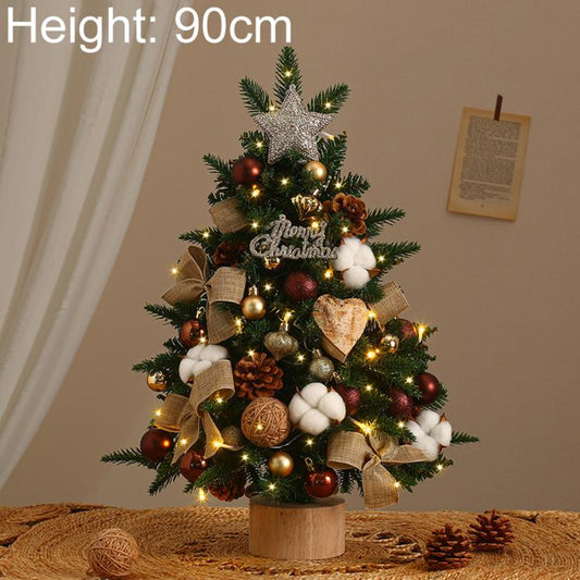 90cm lit desktop Christmas tree with gold ornaments, pine sprigs, and wooden base