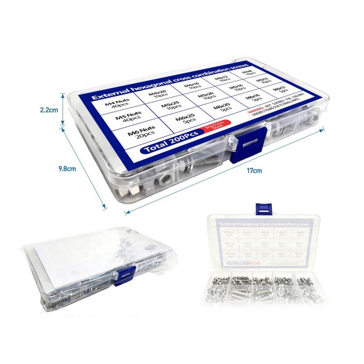Stainless steel screw and nut kit in clear plastic box with 200 pcs, compartments shown