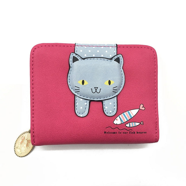 Small rose red cat zipper wallet with blue cat face applique and fish graphic