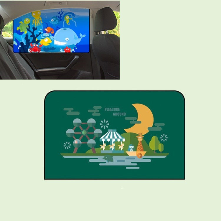 Green car sunshade with amusement park style scene and 'PLEASURE GROUND'