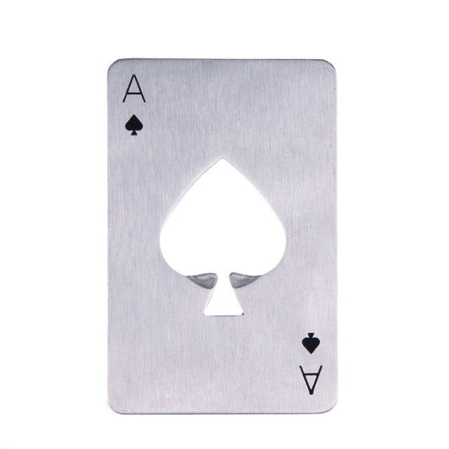 Silver spade A poker-card bottle opener with cutout spade