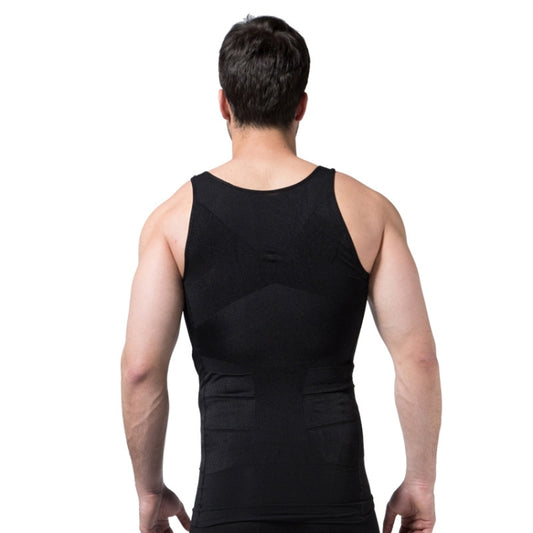 Men's black compression tank vest, sleeveless with racerback-style back view