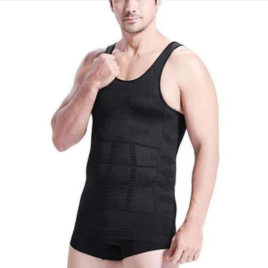 Men's black compression tank vest with wide straps and shaping panels, seamless look