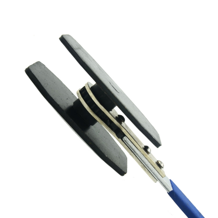 Brake piston separator wrench head with two metal pads and blue handle