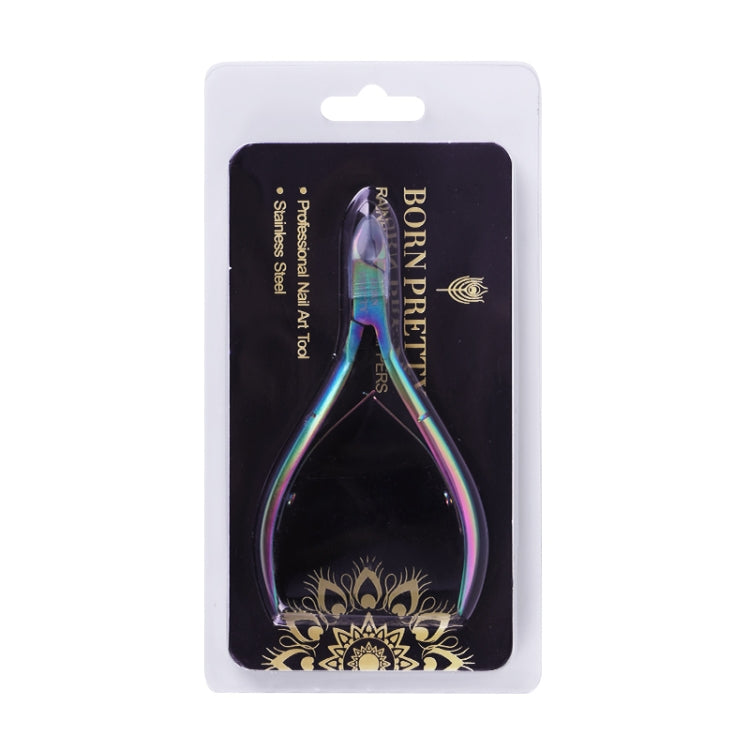 Rainbow cuticle nipper in blister packaging with brand card backing.