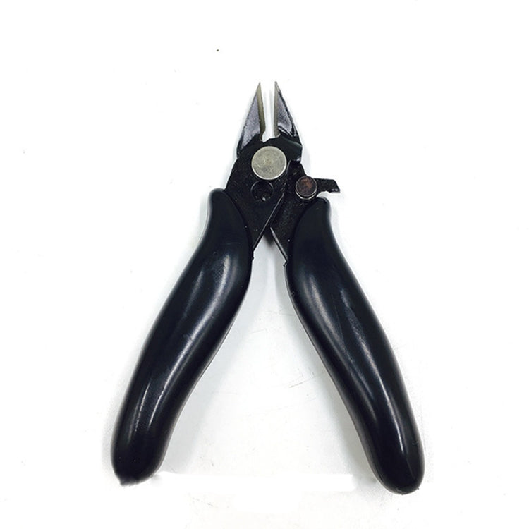 Mini electronic water cut pliers with black insulated handles and stainless steel jaws.