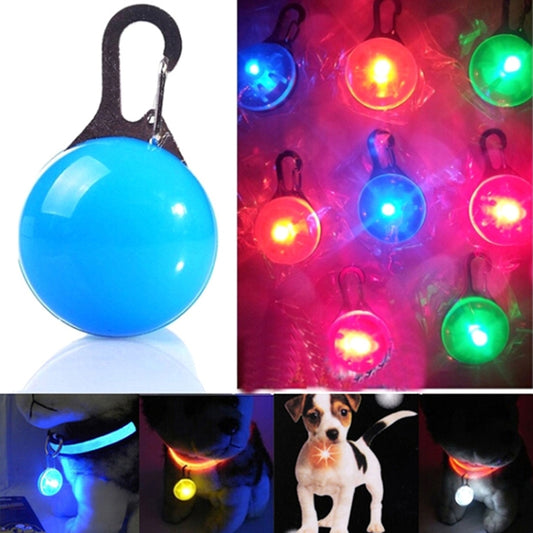 Blue round LED pet collar pendant with metal clip, shown with glowing colors