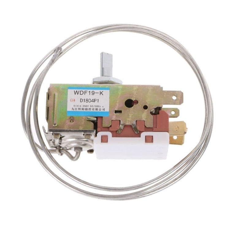 Refrigerator thermostat control with metal body, white switch block, wiring leads and terminals