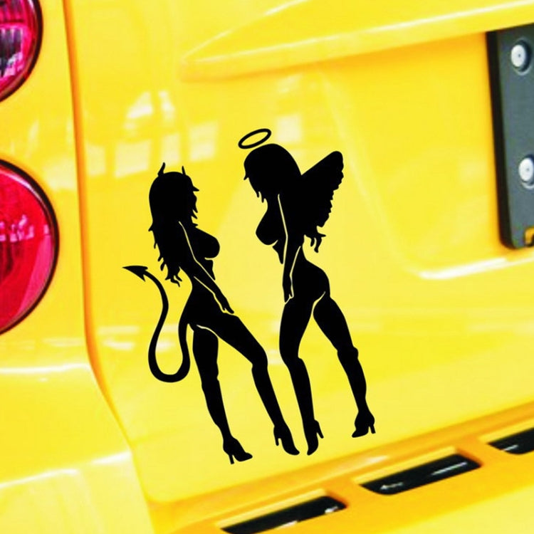 Car tail panel angel and devil sticker decals, black silhouettes on yellow paint