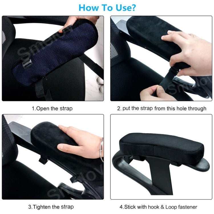 Black armrest cushion pad with hook-and-loop strap, shown during installation