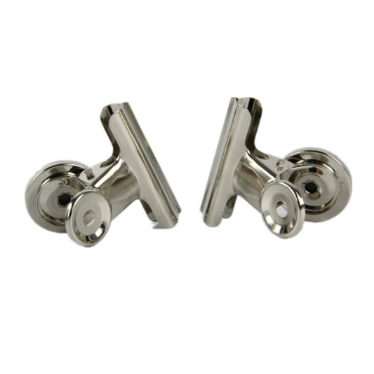 Stainless steel wall memo clips with spring arms and circular mounting plates