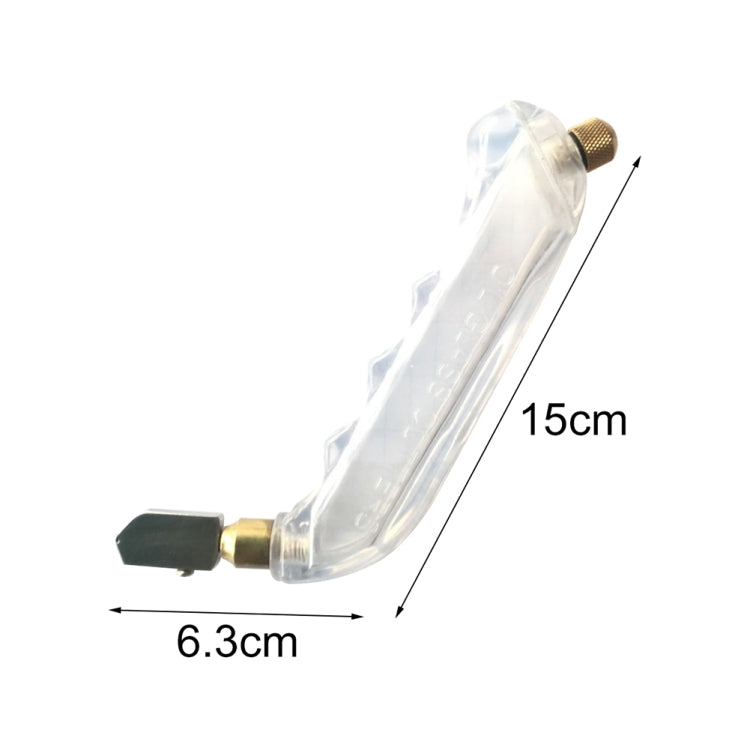 Glass bottle cutting machine with clear handle; size markings 6.3 cm and 15 cm