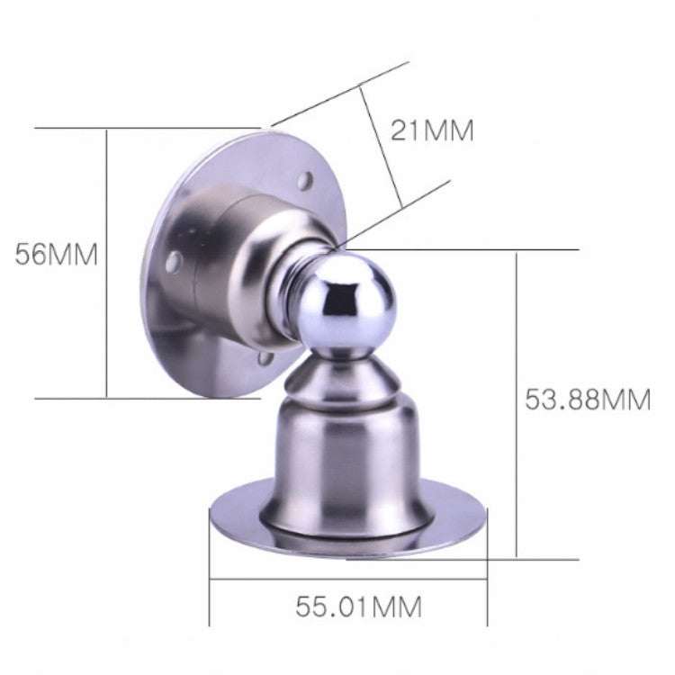 Stainless steel magnetic door stop with mounting plate and ball bumper, with dimensions