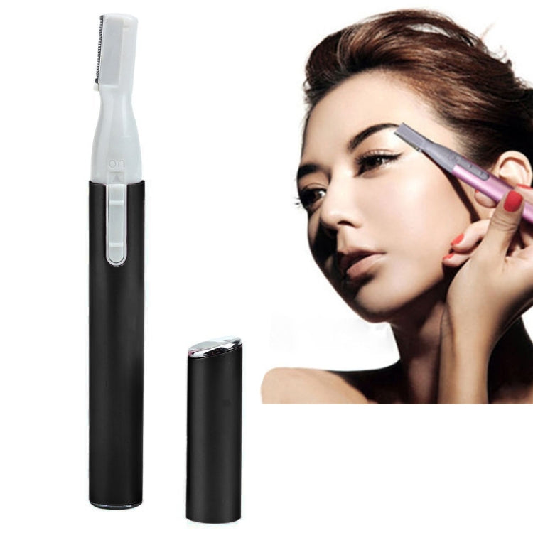 Black electric eyebrow and face hair trimmer with protective cap and precision head