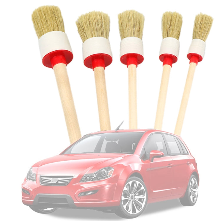 5-piece car detailing brushes with red grips and tan bristles, natural wood handles