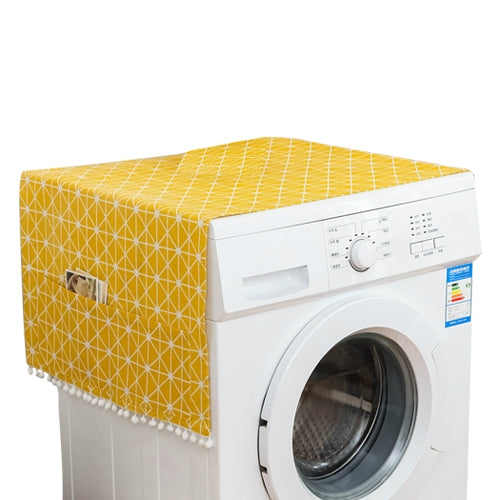 Washing machine dust cover with yellow lattice pattern and pom-trim front.