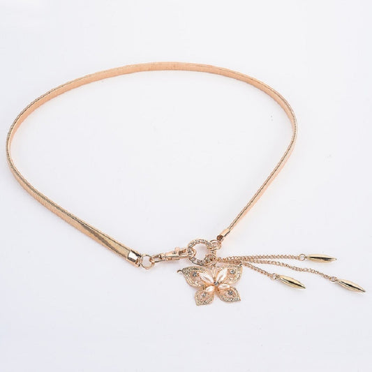 Gold-tone thin waist chain belt with rhinestone butterfly charm and dangling drops