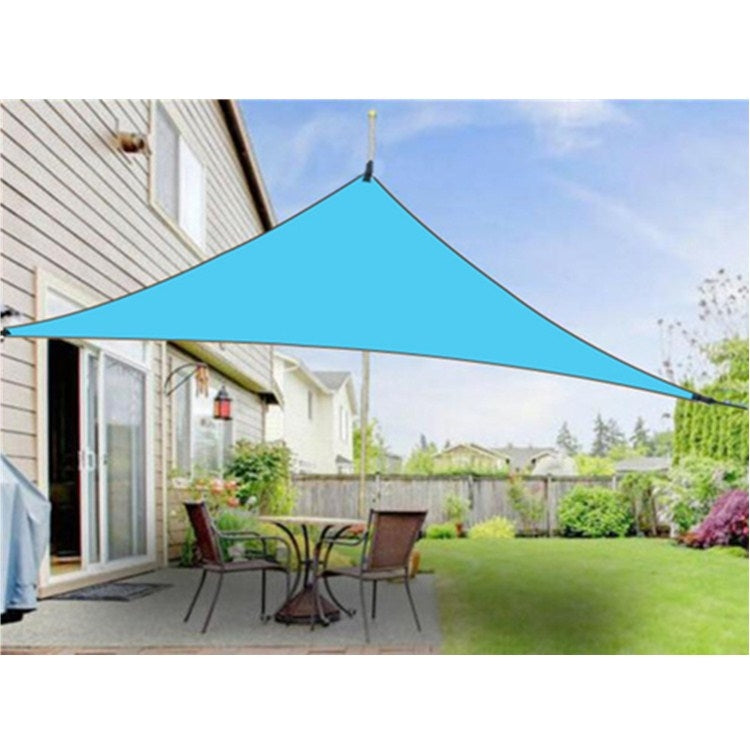 Blue triangular sunshade canopy with taut fabric edge and corner ties.