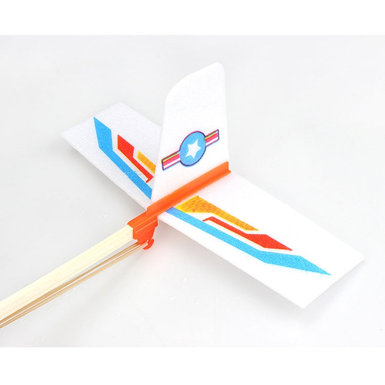 Front section of a blue-white DIY rubber-powered plane glider with orange propeller hub.