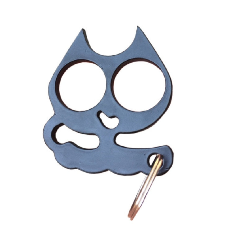 Blue cat-shaped metal keychain self-defense tool with keyring and face cutouts