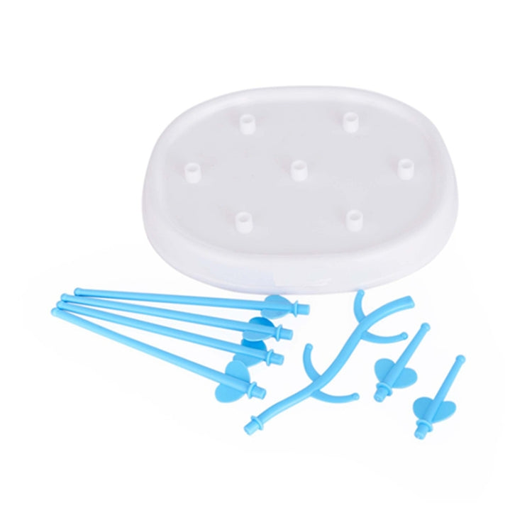 Infant milk cup holder drying rack parts with oval tray and blue pegs