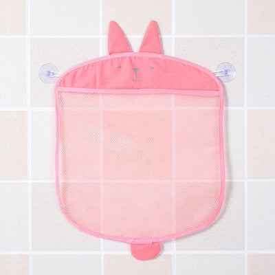 Wall-mounted pink mesh storage bag with bunny ears and clear hanging loop tabs