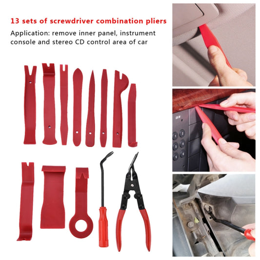 Car audio disassembly tool kit with red panel pry tools, puller, and plier-style driver