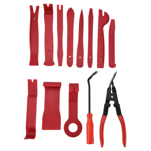 Car interior panel disassembly tool set with red pry clips and black-handled tools