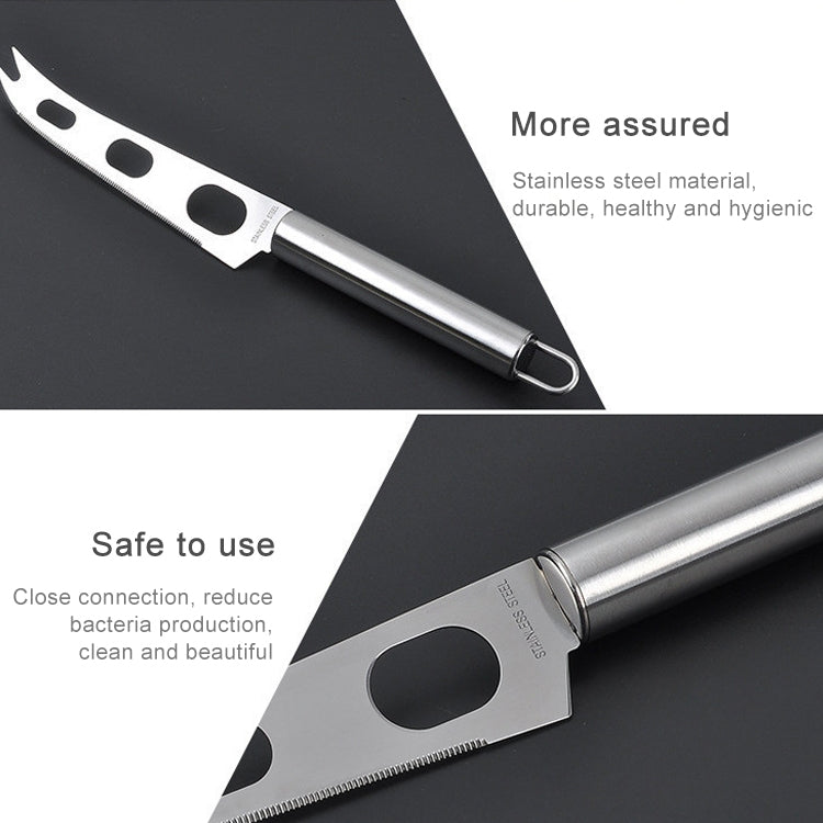 Stainless steel cheese knife with serrated edge, perforated blade, and loop handle
