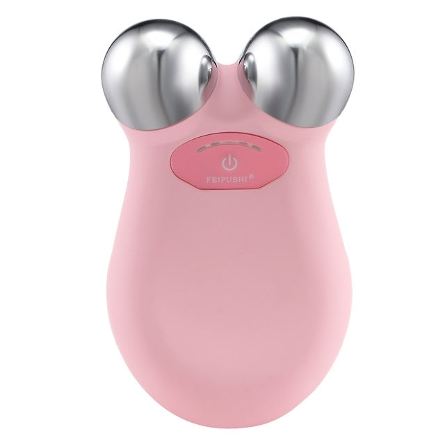 Pink micro-current face lifting device with two metal roller heads and power button