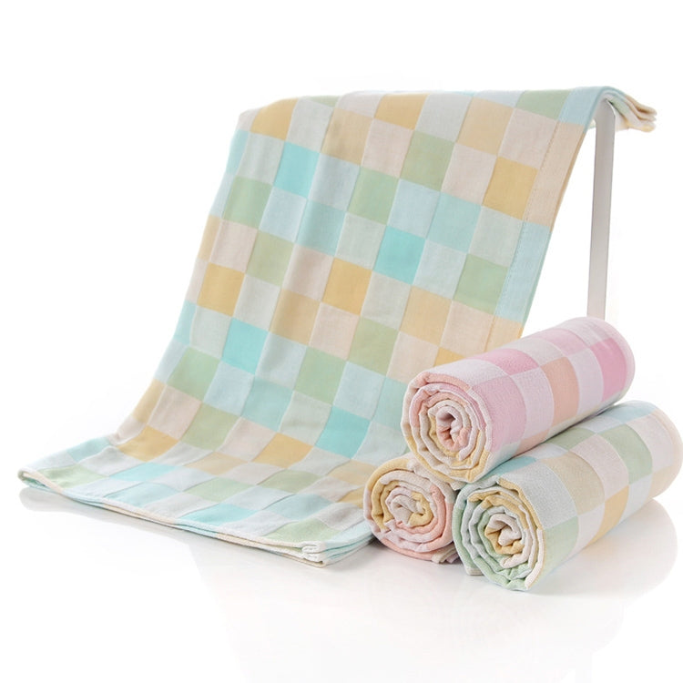 Pastel checkered cotton bath towel set with rolled towels and folded towel