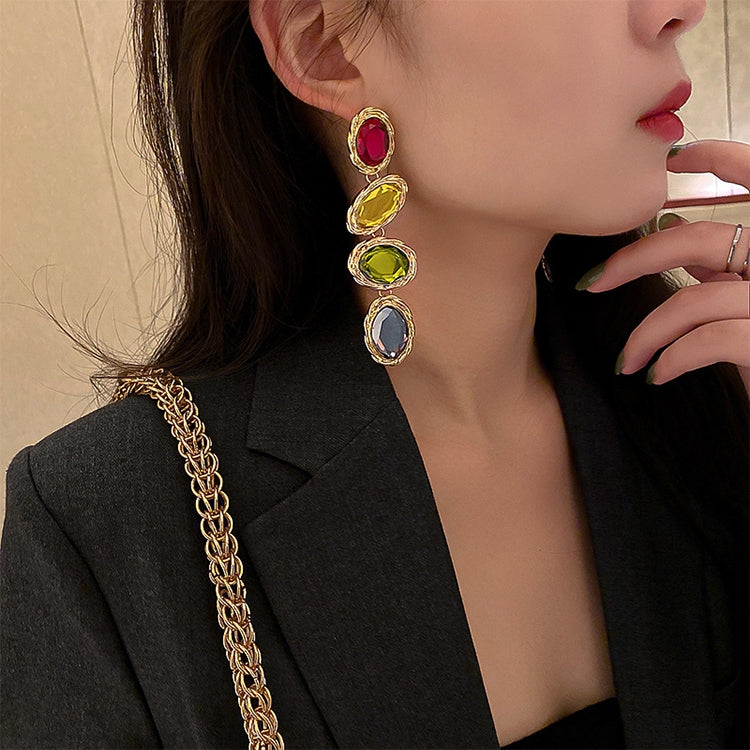 Gold-tone oval gemstone drop earrings in red, yellow, green, and blue-purple