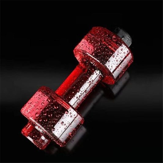 Red dumbbell-shaped water bottle cup with screw cap and striped grip