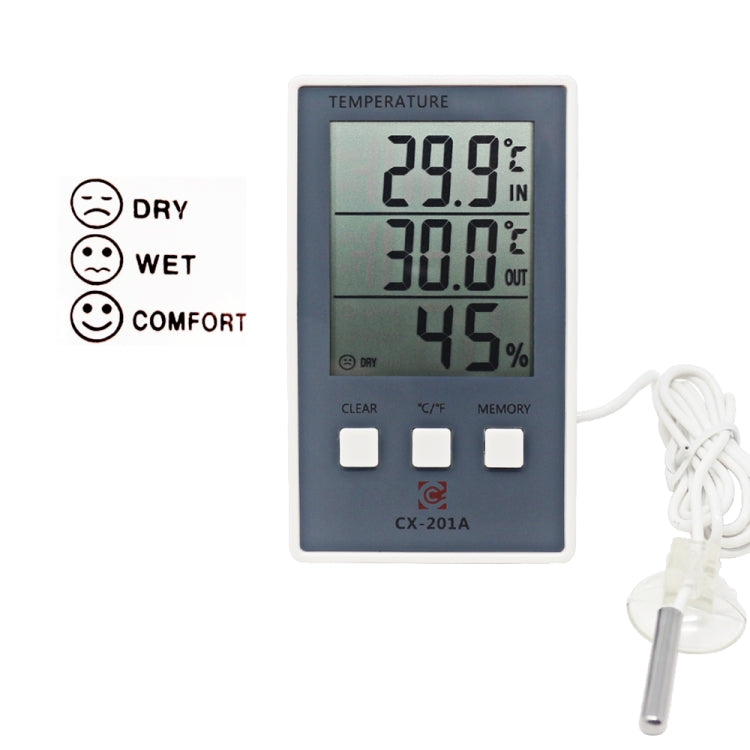 LCD weather station thermometer hygrometer with wired probe and dry/wet/comfort humidity icons