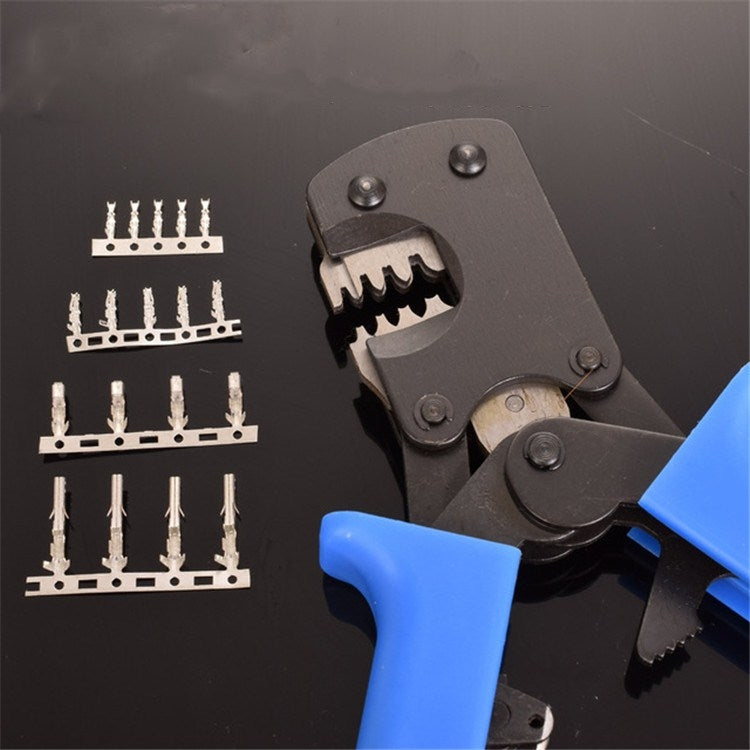 Crimping pliers with metal terminal pieces and open die, blue handles