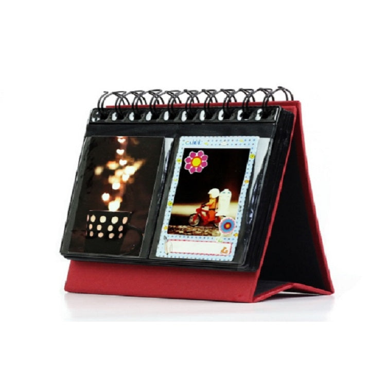 Standing mini desk photo album with spiral binding, black cover and red base