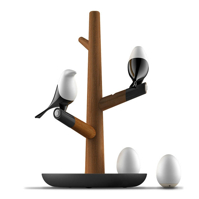 LED motion-sensor night lamp with wooden stand, two bird figures and two egg-shaped bulbs