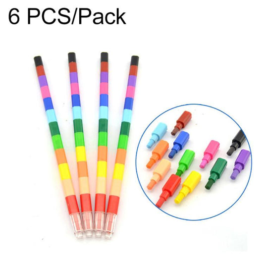 Set of 6 striped building-block crayons in 12 colors, shown in clear plastic sleeves