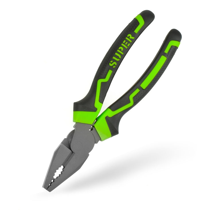 Long-nose pliers with green-and-black handles and a tapered jaw tip for bending wires