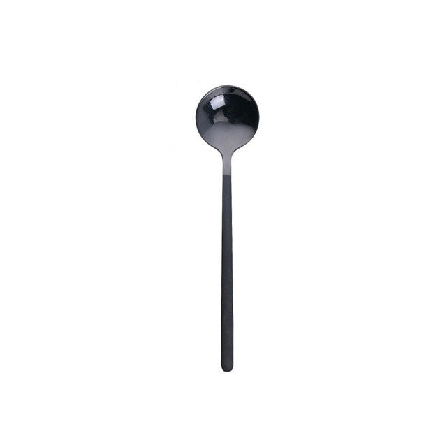Black coffee spoon with round bowl and long handle for stirring drinks and dessert